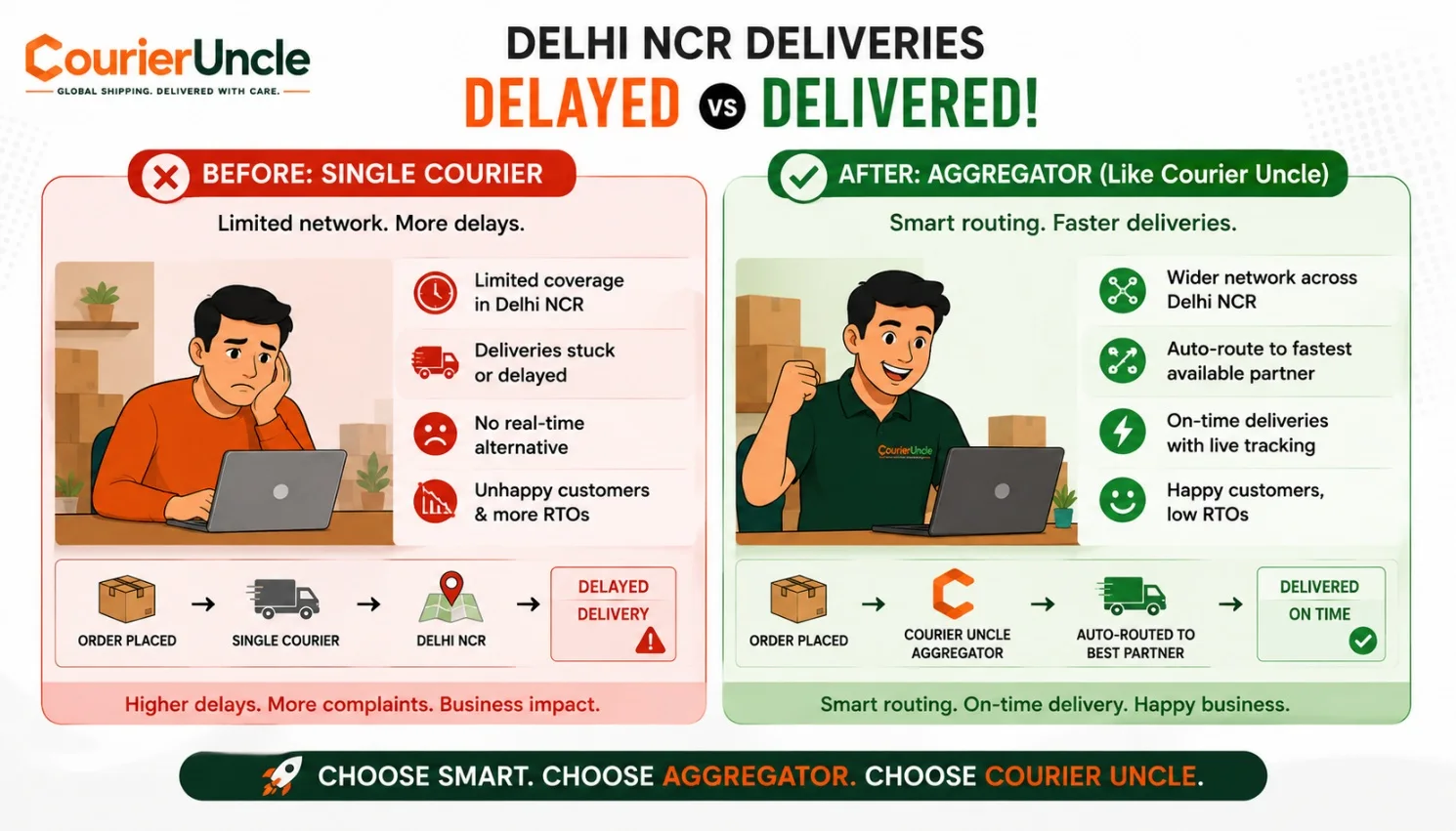 Before and after: Delhi NCR deliveries delayed on a single courier versus delivered on time after smart routing through an aggregator